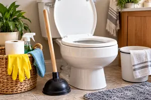Toilet bowl surrounded by plunging supplies for a clog.