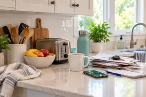 A lived-in cluttered kitchen countertop.