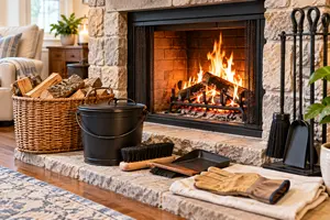 Fireplace with tools and wood stacked nearby.