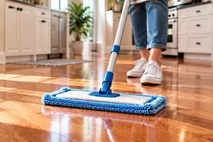 A woman dust mopping a hardwood floor.
