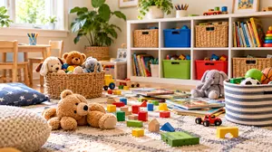 A child's room with toys and clothes on the floor.