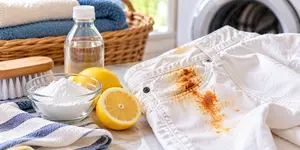 How to remove rust stains from clothes with lemon and salt, including old stains and colored fabrics, and why chlorine bleach makes rust worse.