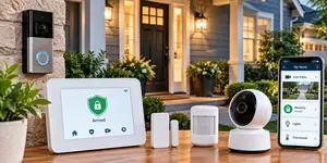 Home security systems on display on table.