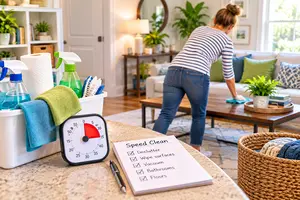 Woman cleaning a living room.