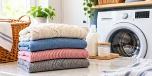 Folded sweaters in front of a washing machine.