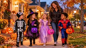 A woman walking with costumed Halloween kids.