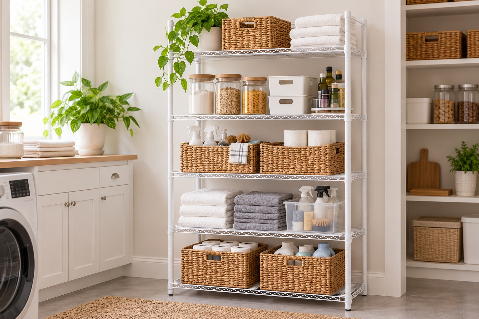 Adjustable metal shelving unit.