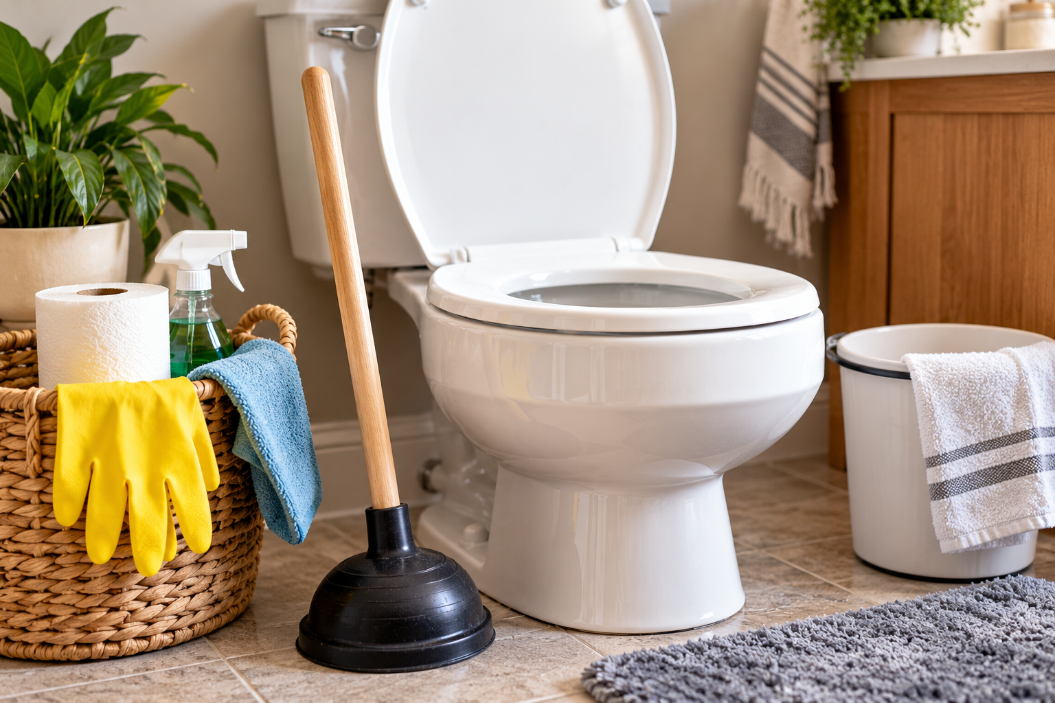 Toilet bowl surrounded by plunging supplies for a clog.
