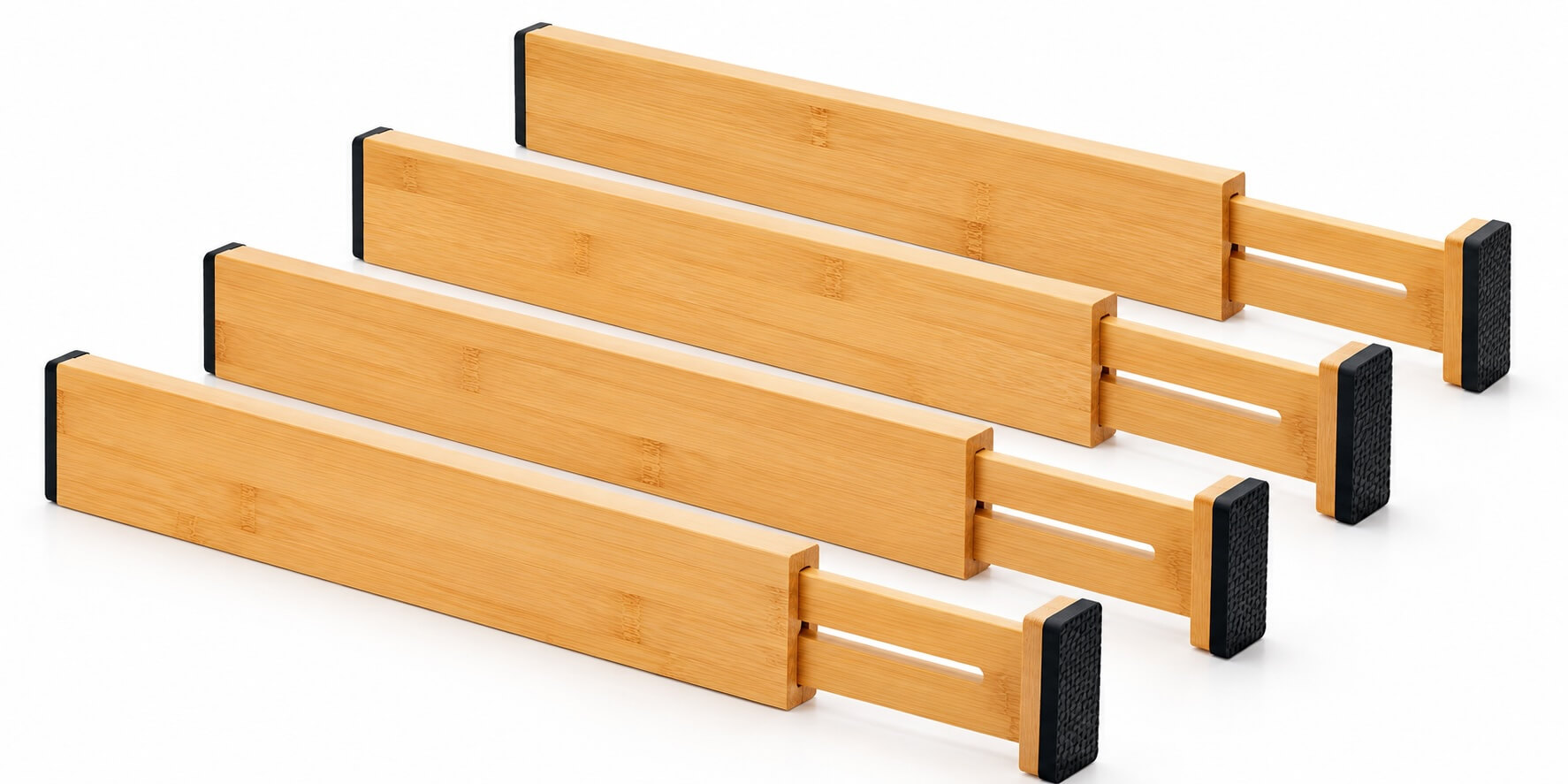 Isolated bamboo drawer organizers.