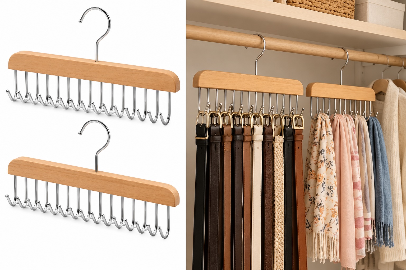 Closet with a belt and scarf organizer.
