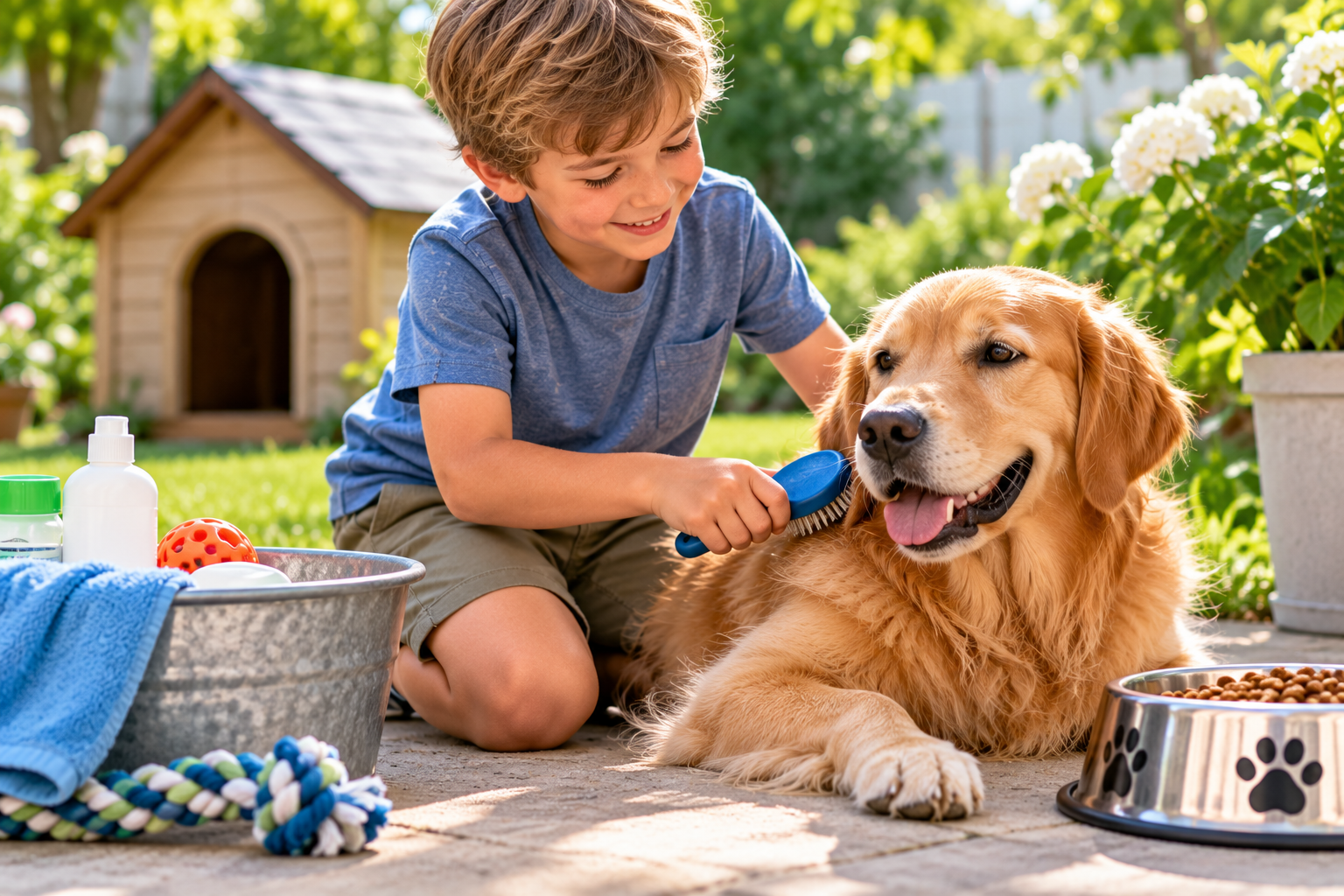 A young boy brushing a golden retriever.