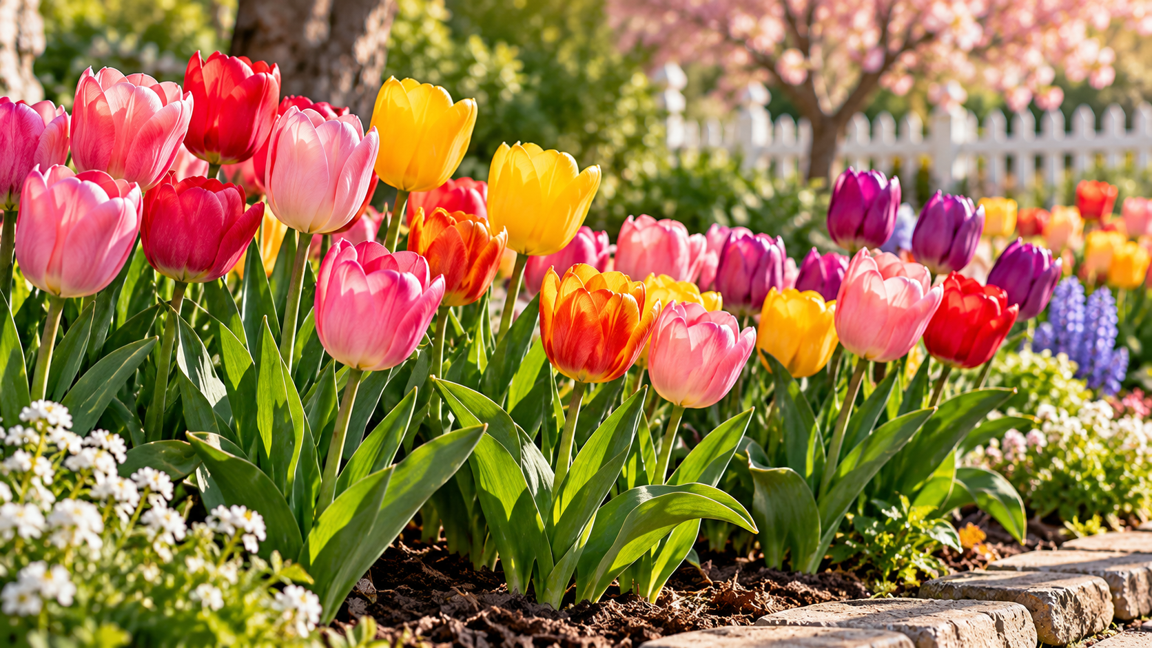 Various colors of tulip flowers in bloom in backyard garden.