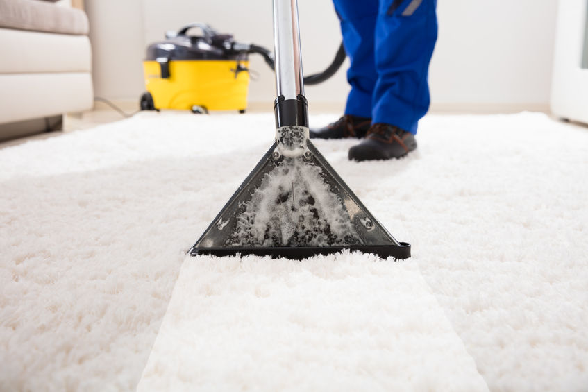 Man steam cleaning carpet.
