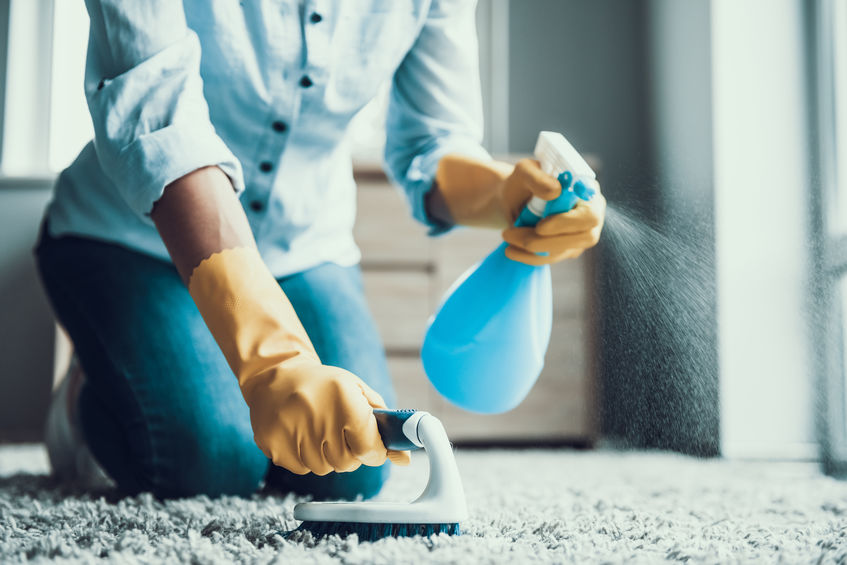Woman cleaning carpet stain.