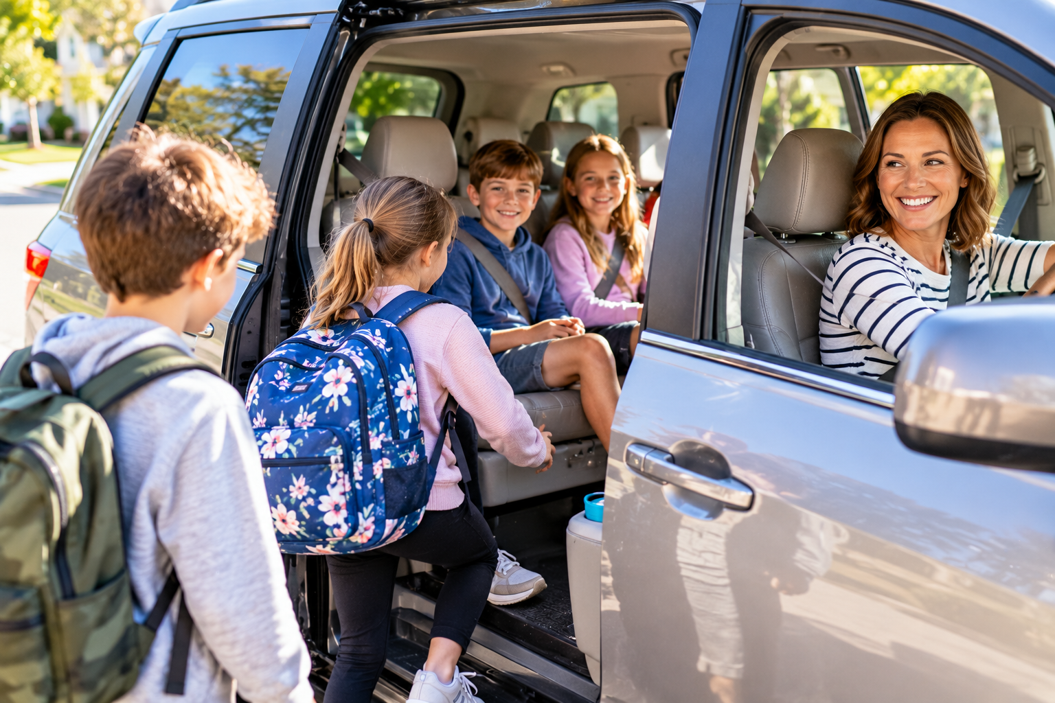 Child getting into a minivan with other children.