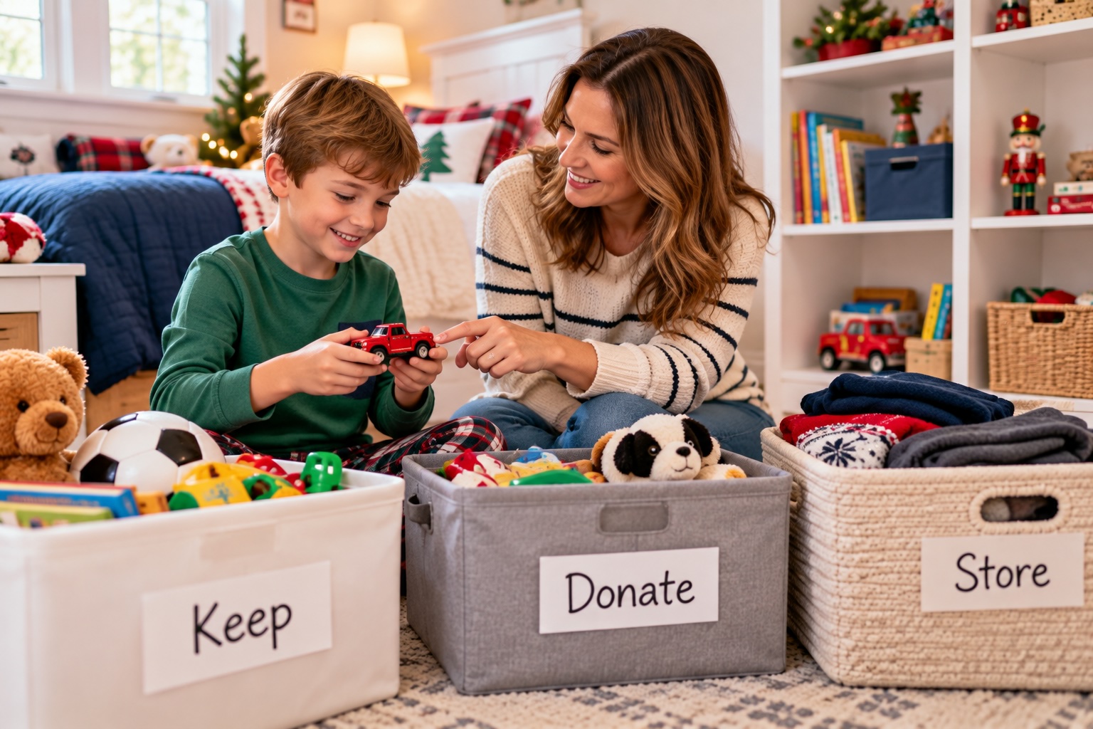 A child and a parent reviewing toys for donation.