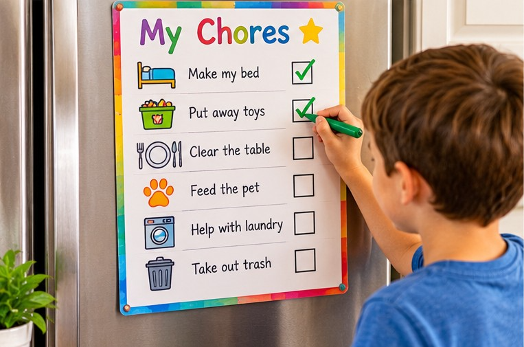 A young boy using a chore chart on the front of a refrigerator.