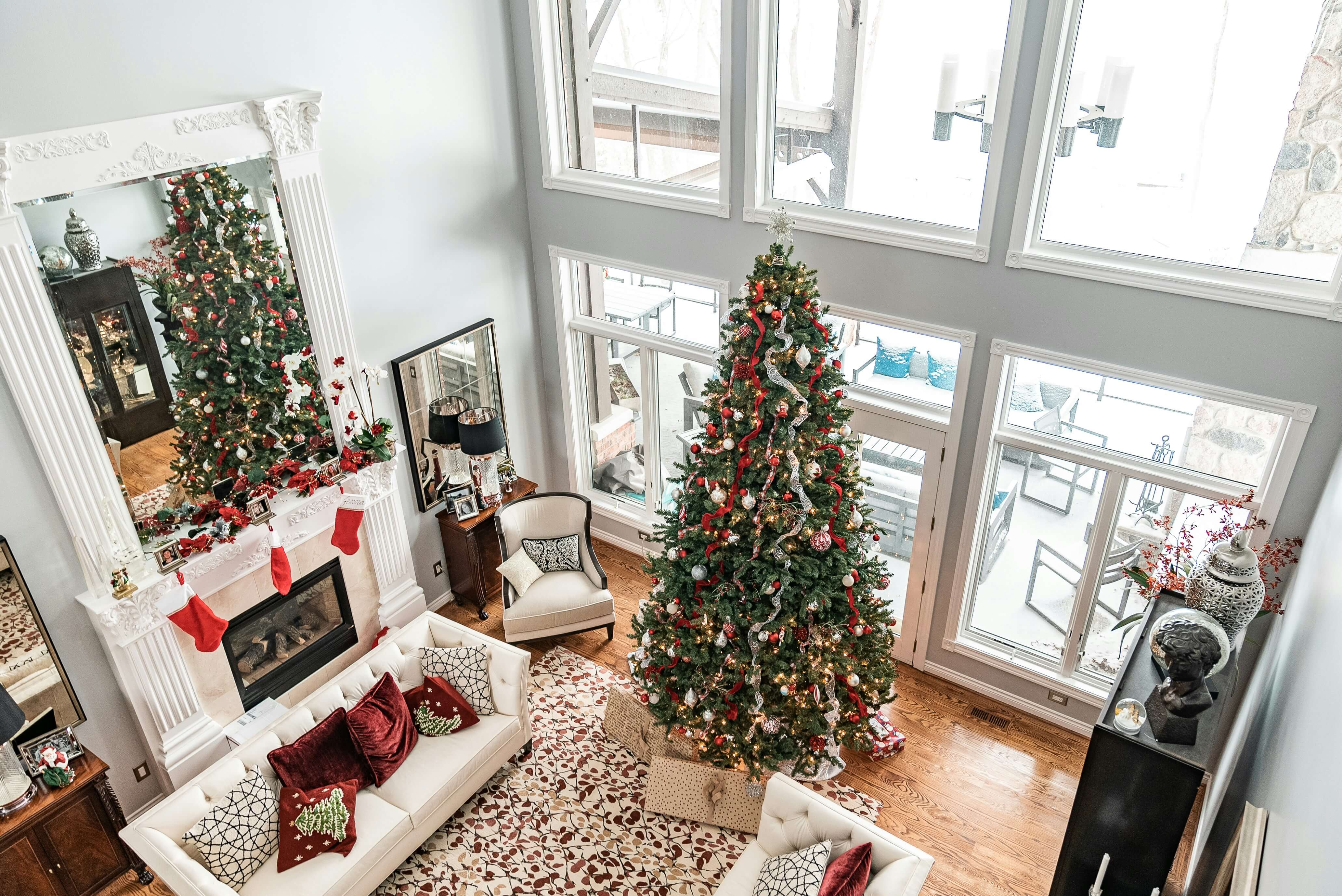 Christmas tree near snowy window.