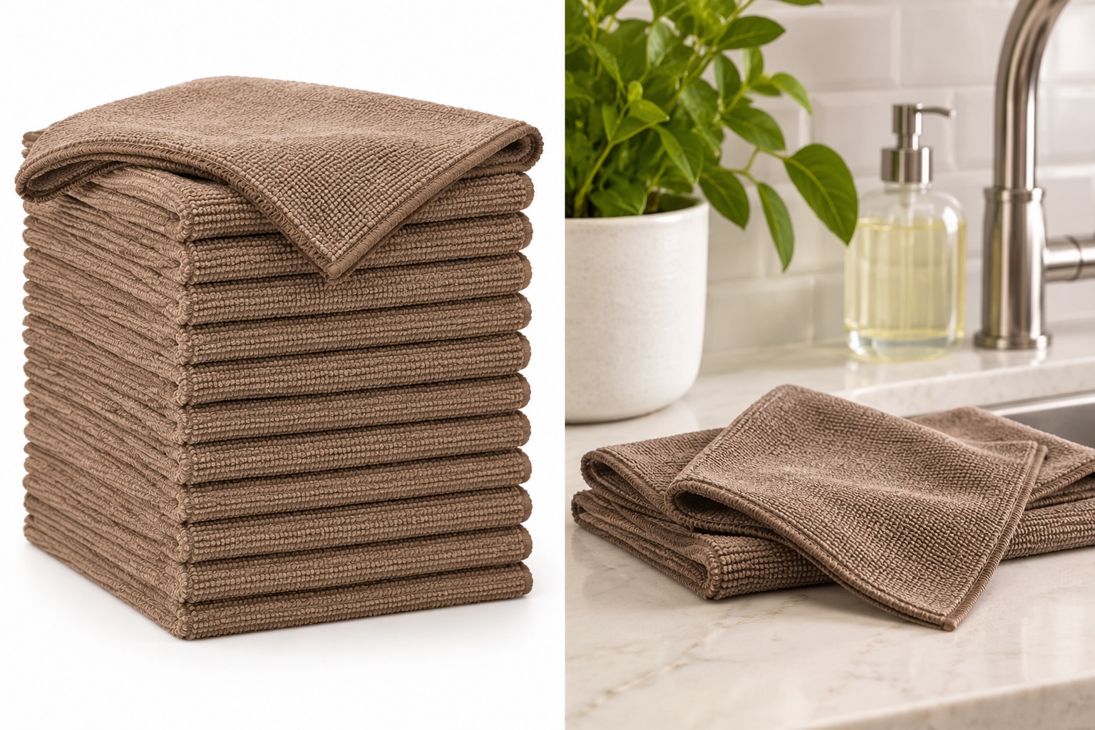Brown microfiber cleaning cloths.