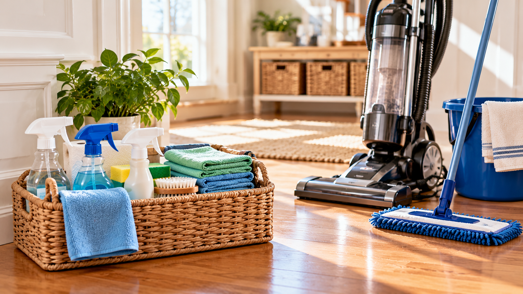 A wood floor with cleaning supplies in a bucket.