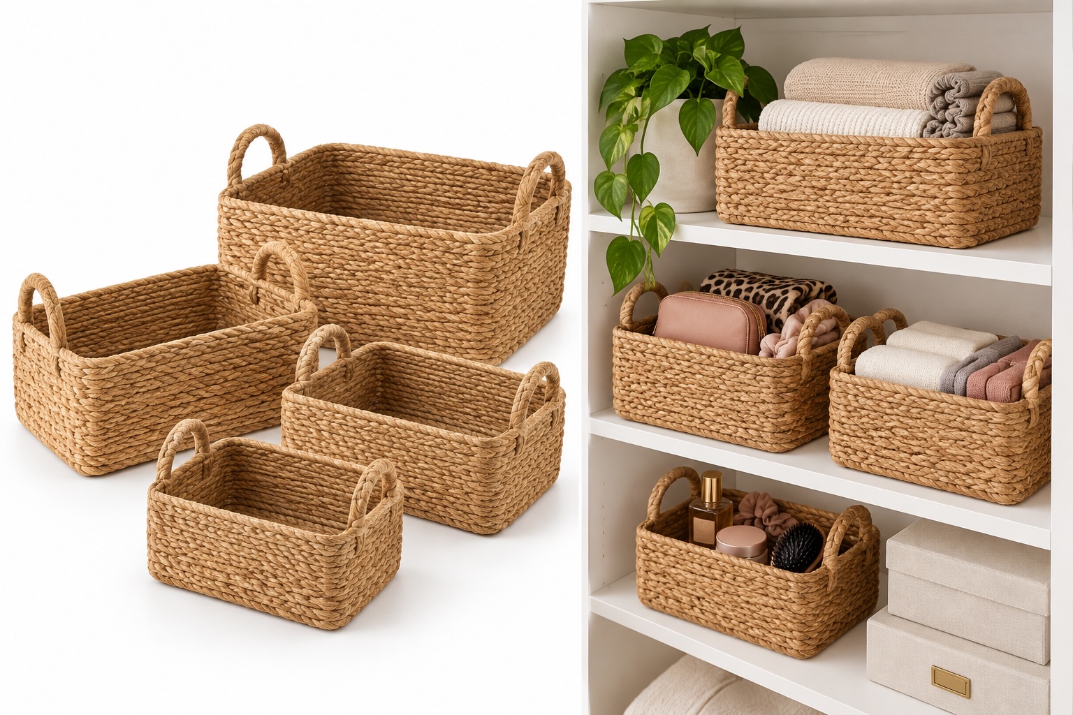 Closet storage baskets on the shelf.