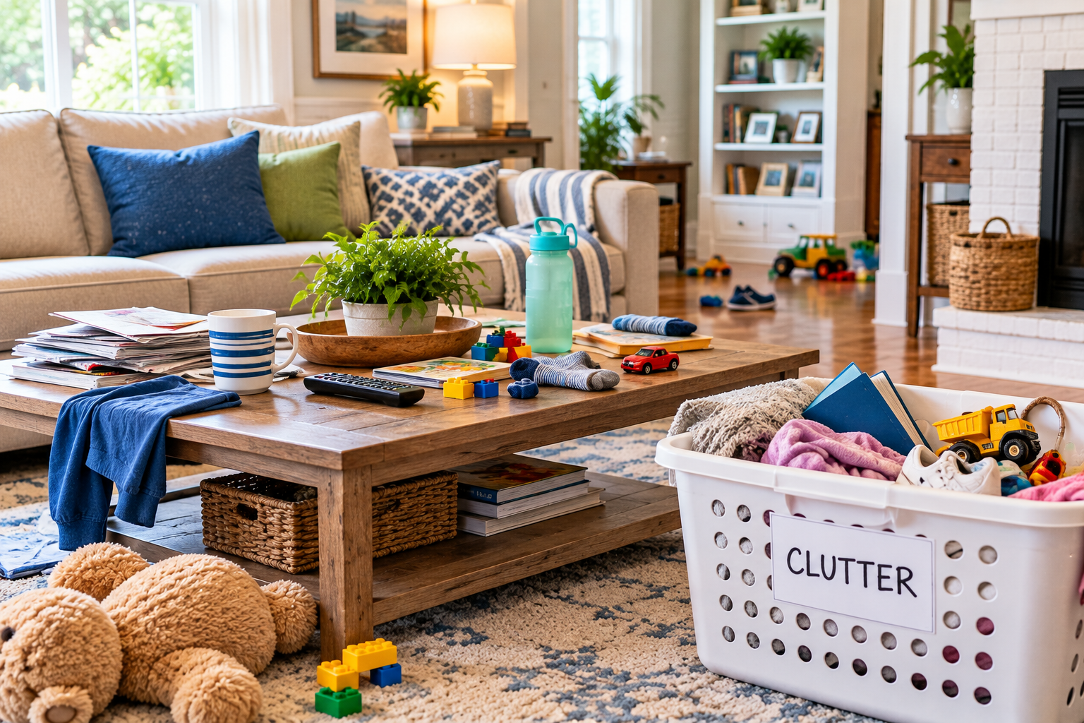 A living room with a basket labeled 'clutter";
