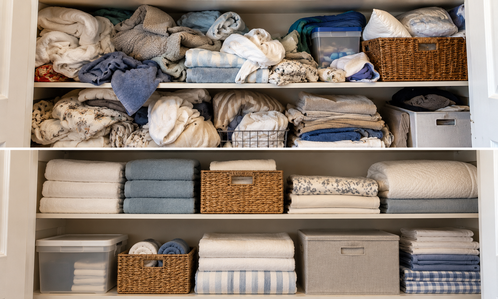 A cluttered closet filled with clothes. A cluttered closet filled with clothes.