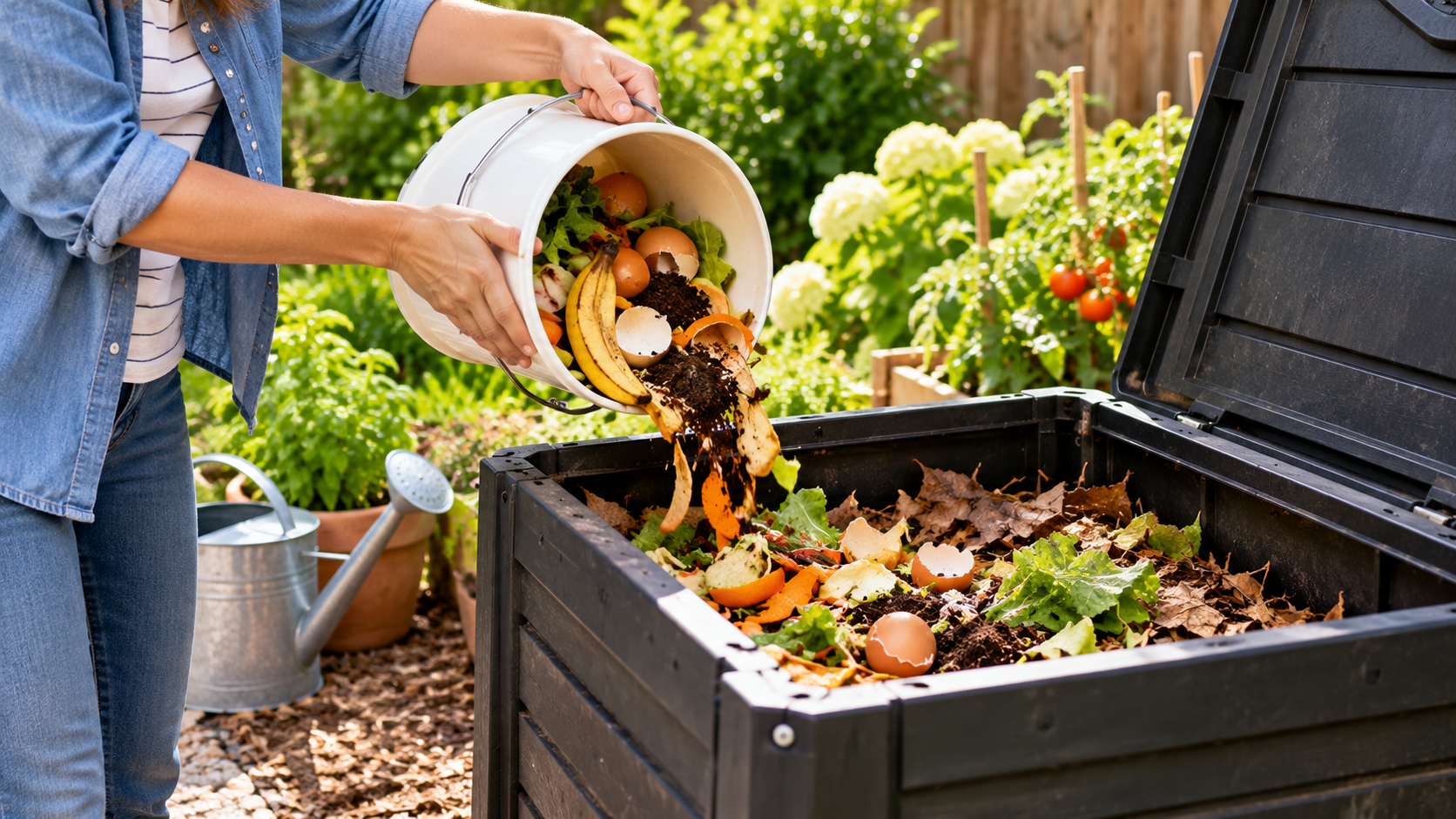 A man scraping food from a plate into a compost bin.