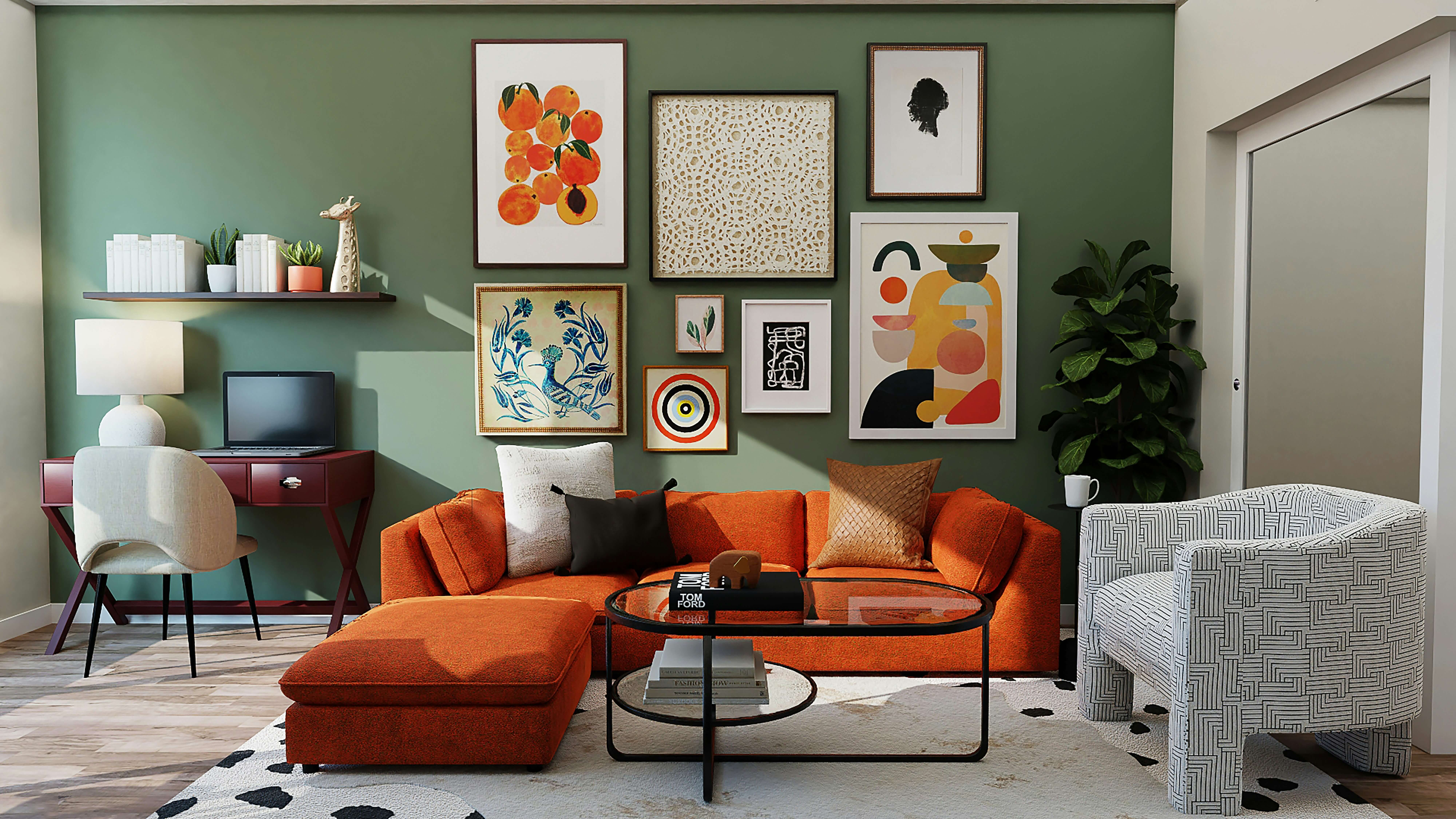 A colorful living room with a potted plant.