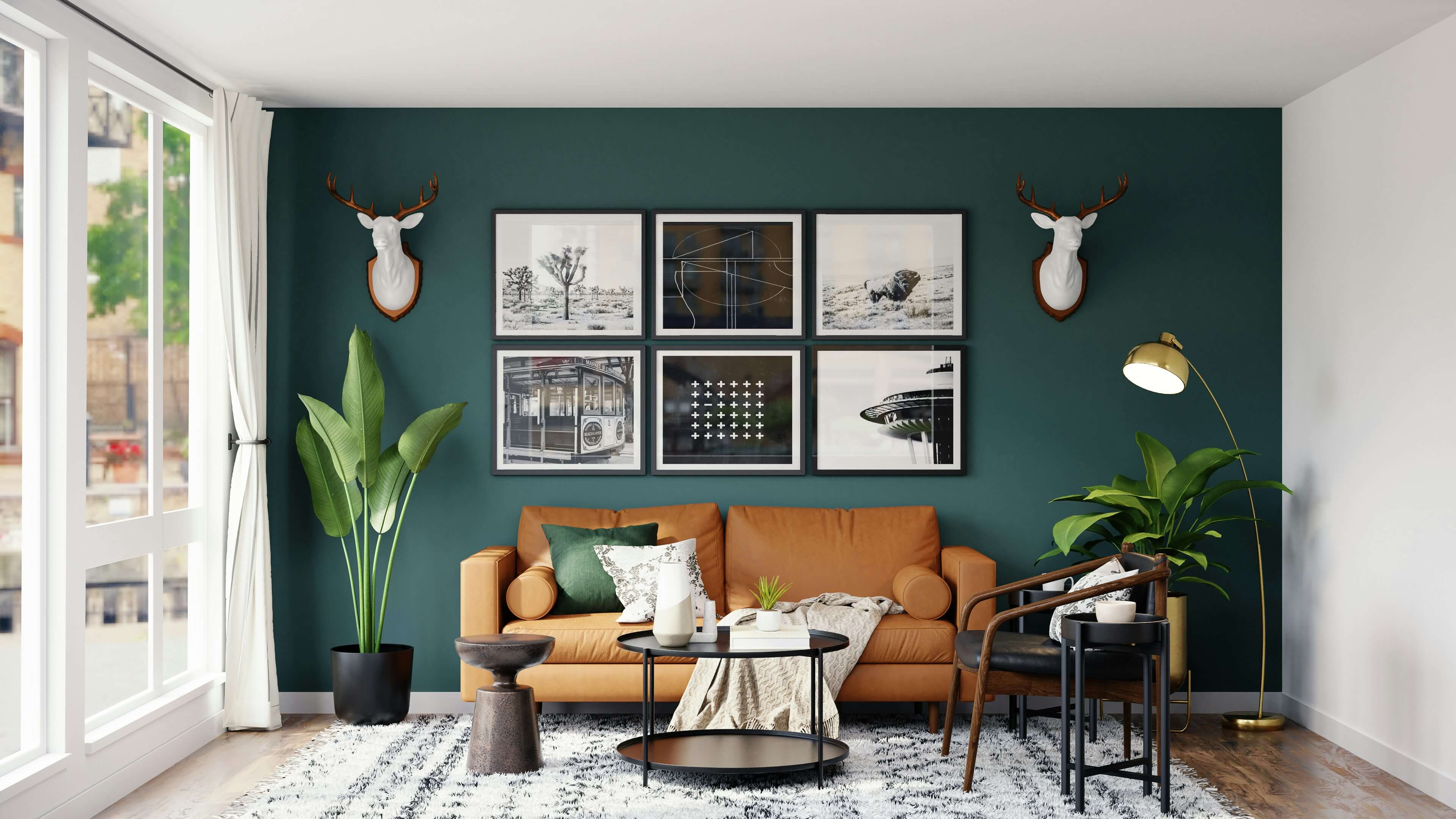 Living room with a large rug.