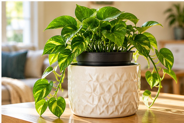 Cachepot container for potted plant.