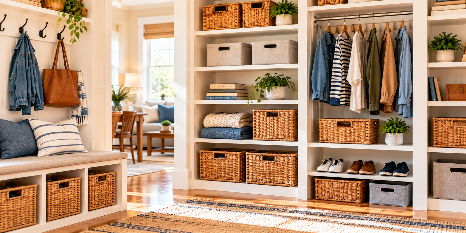 A large home entryway with bench, hanging space and shelves with baskets.