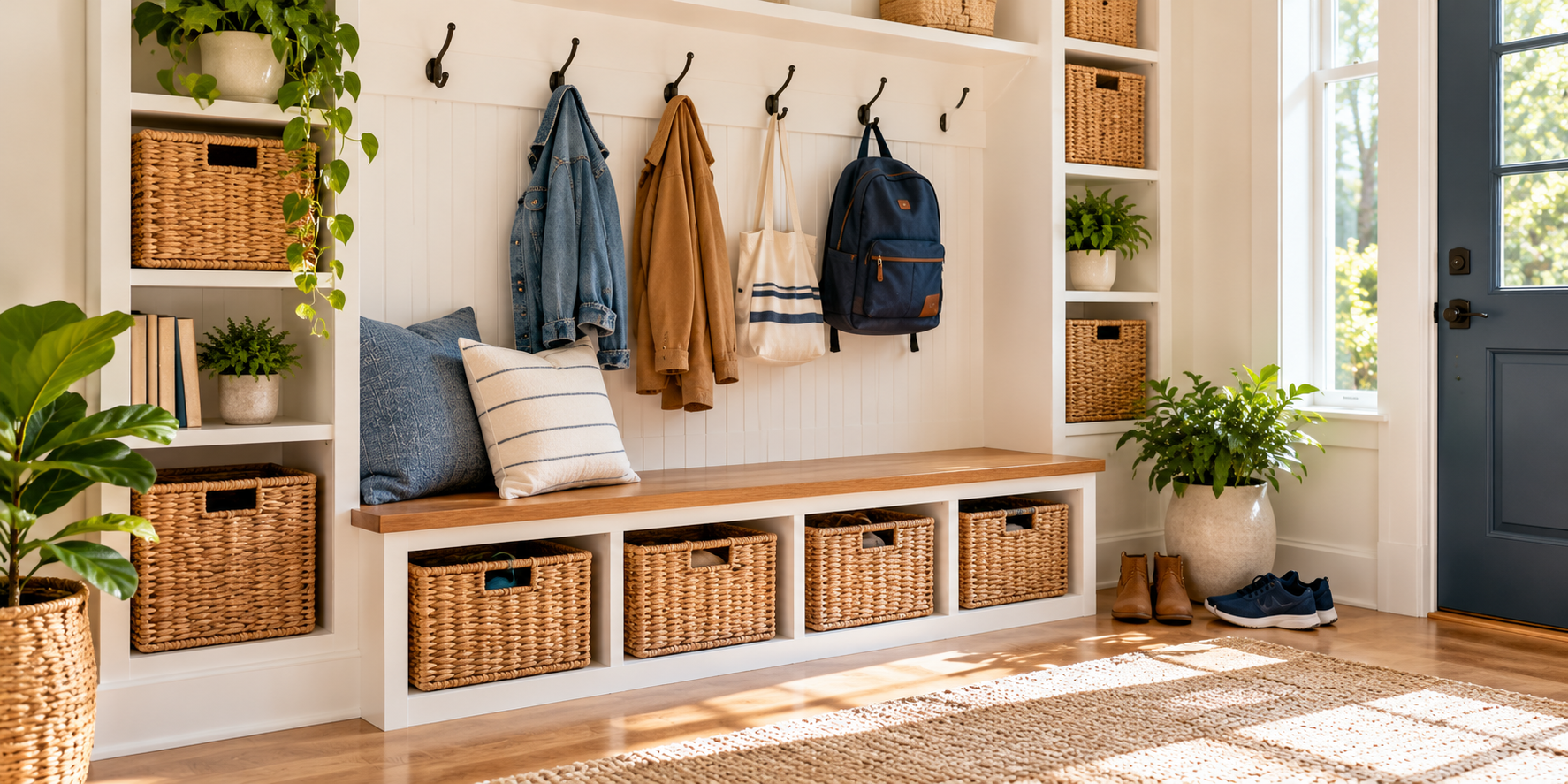 An entryway organized for back-to-school with hooks for jackets and baskets.