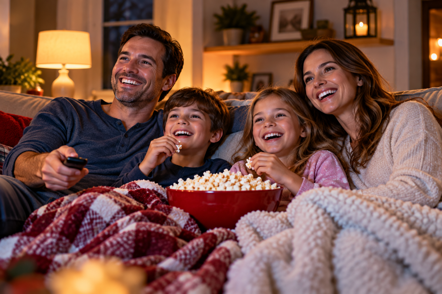 A family of four sitting together eating popcorn and watching a movie.