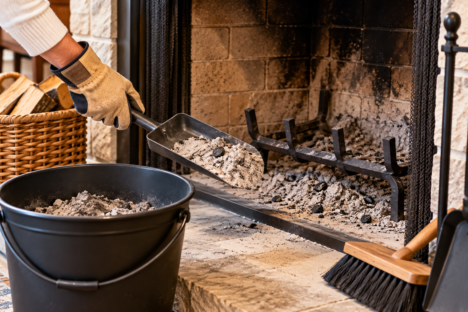 A hand cleaning away ash from a fireplace.