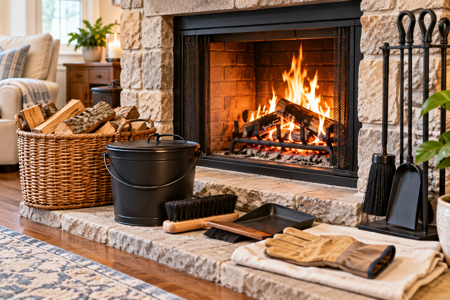 Fireplace with tools and wood stacked nearby.