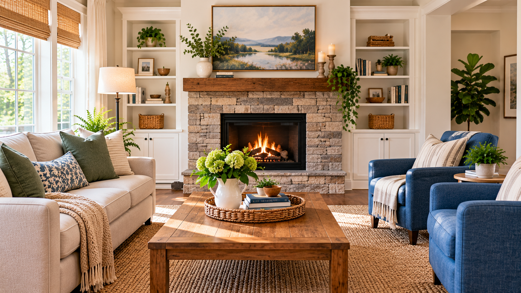A living room with a stone fireplace.