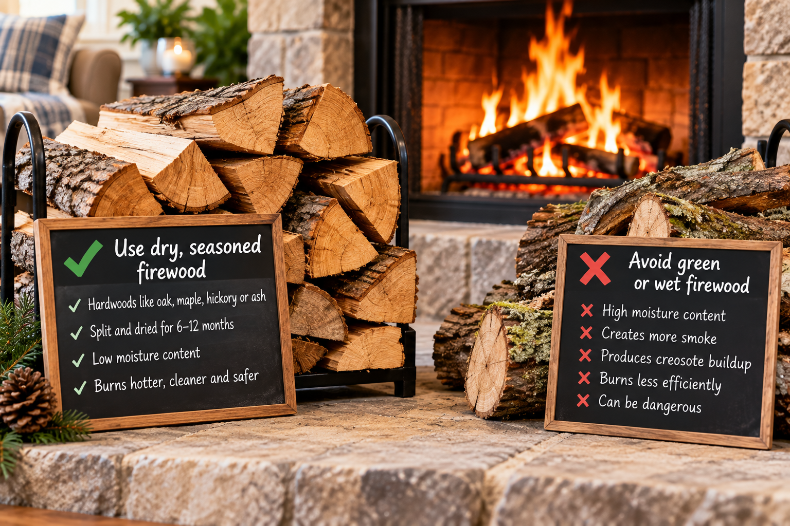 Fireplace with lists of appropriate wood to burn.