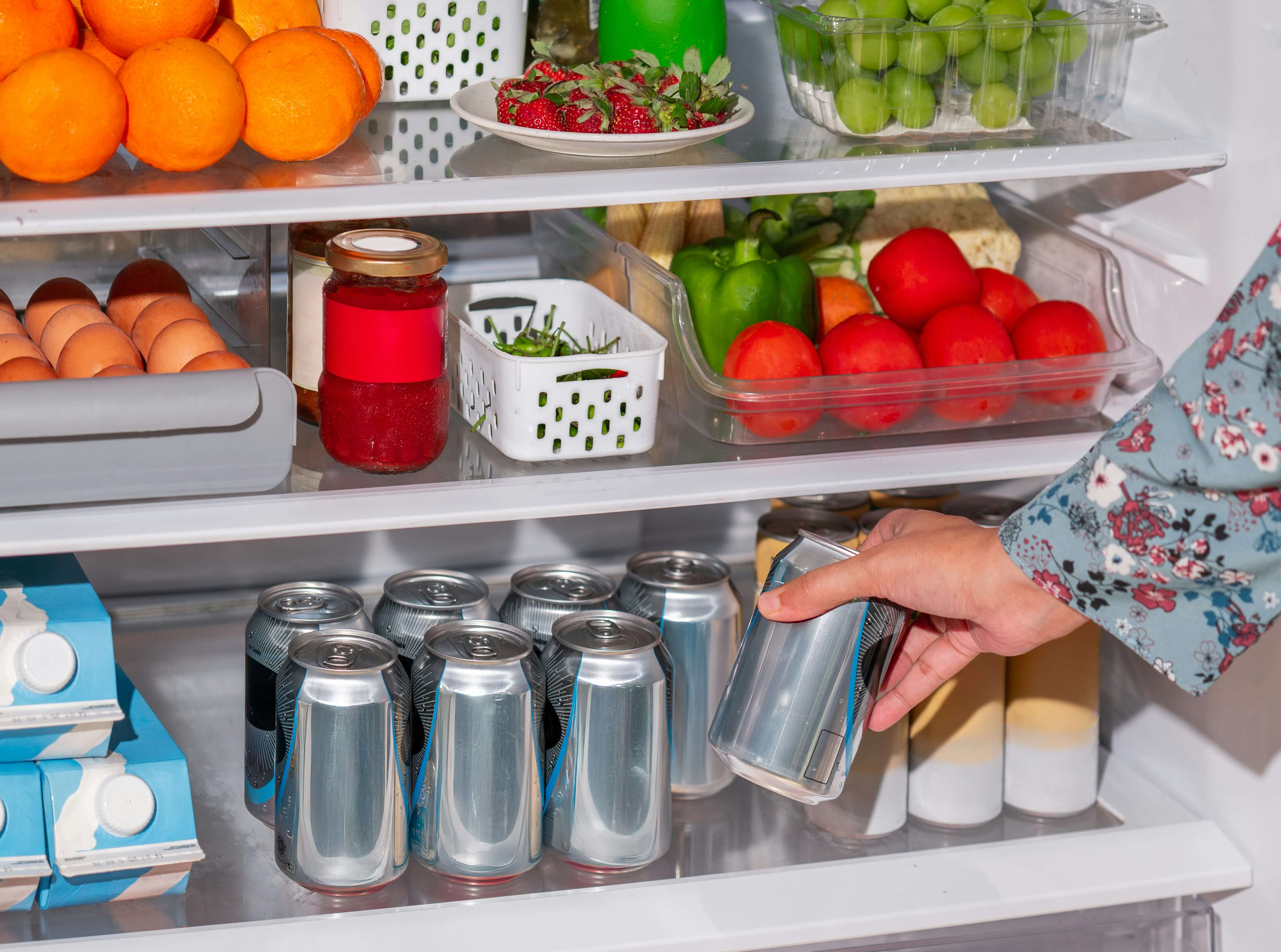 Refrigerator interior with food.