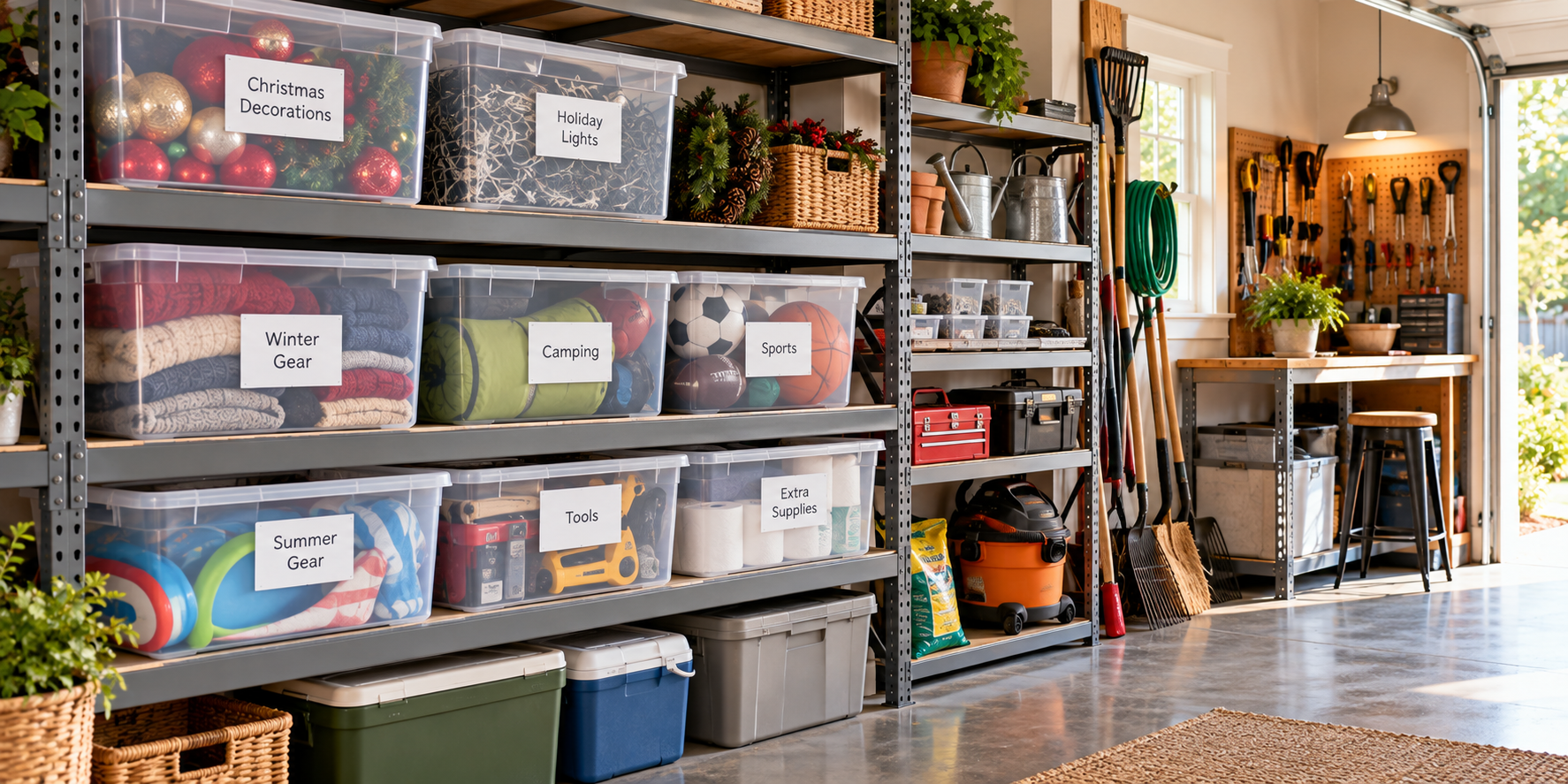 An organized garage with clear labeled bins on shelves.