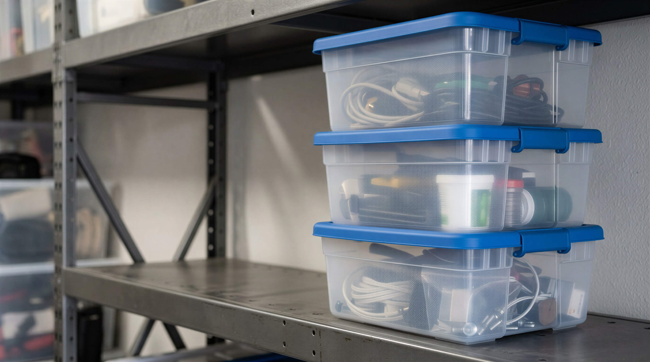 Clear storage bins in a garage.