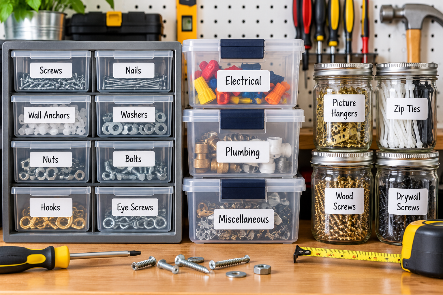 An organized garage workshop with labeled containers.