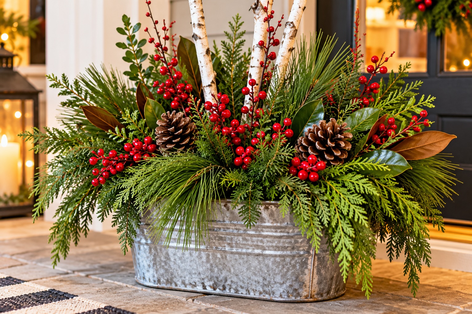 A close-up of holiday garland arrangement in a bucket.