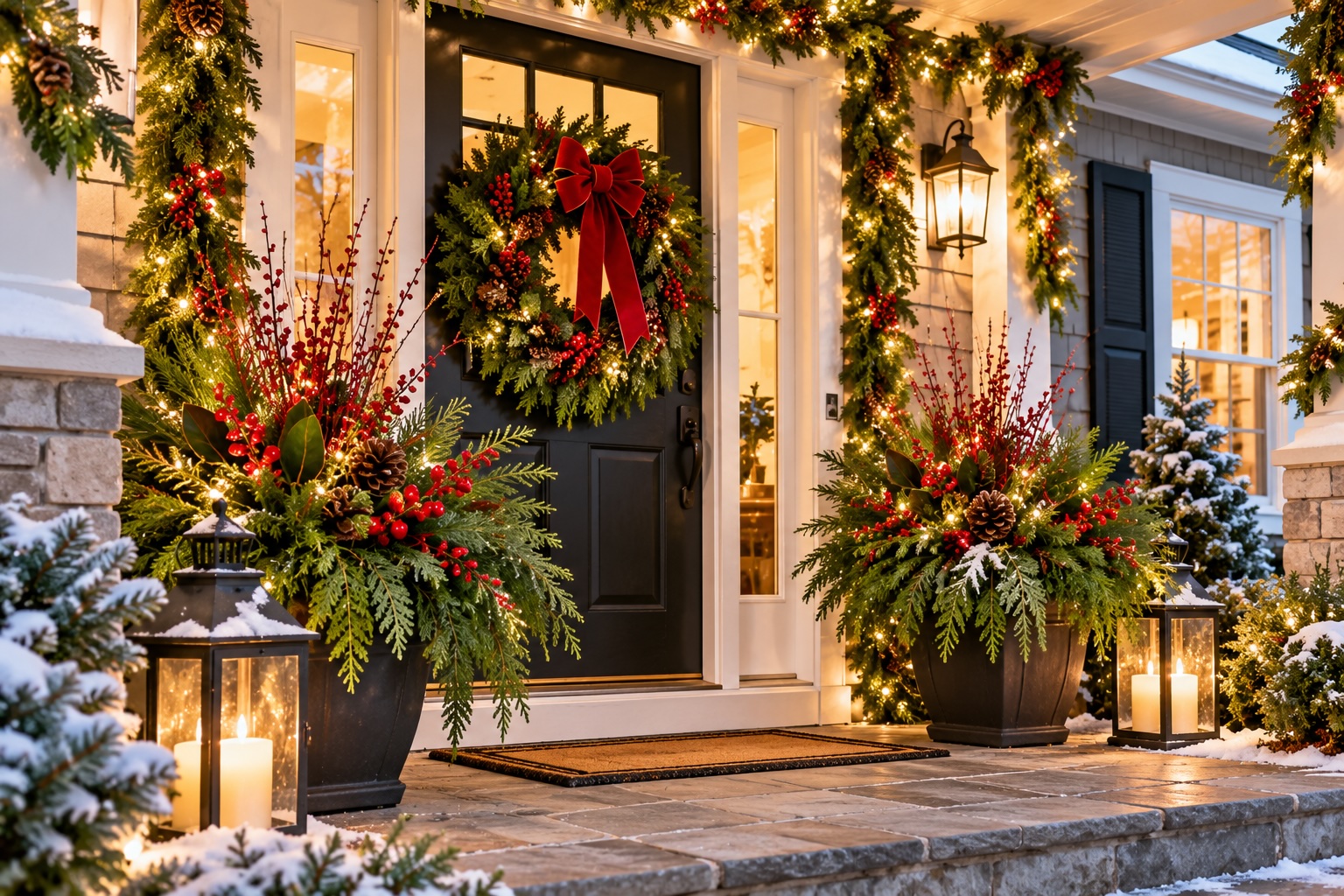Home decorated for Christmas with fresh greenery.