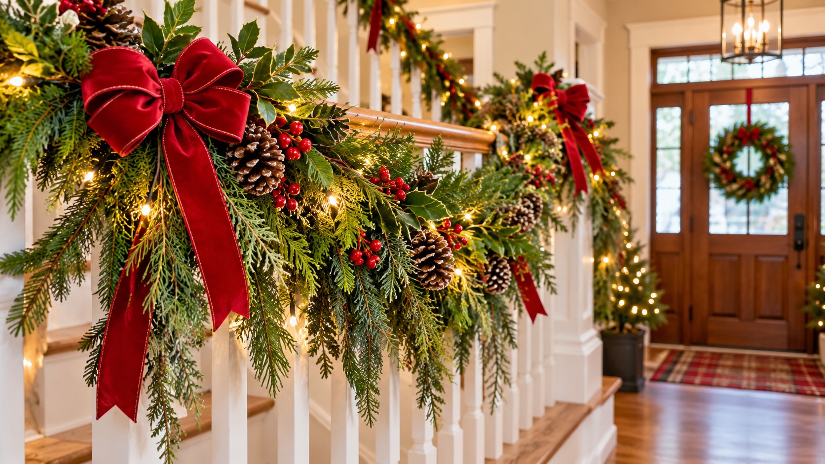 Fresh Christmas garland on a stairway banister.