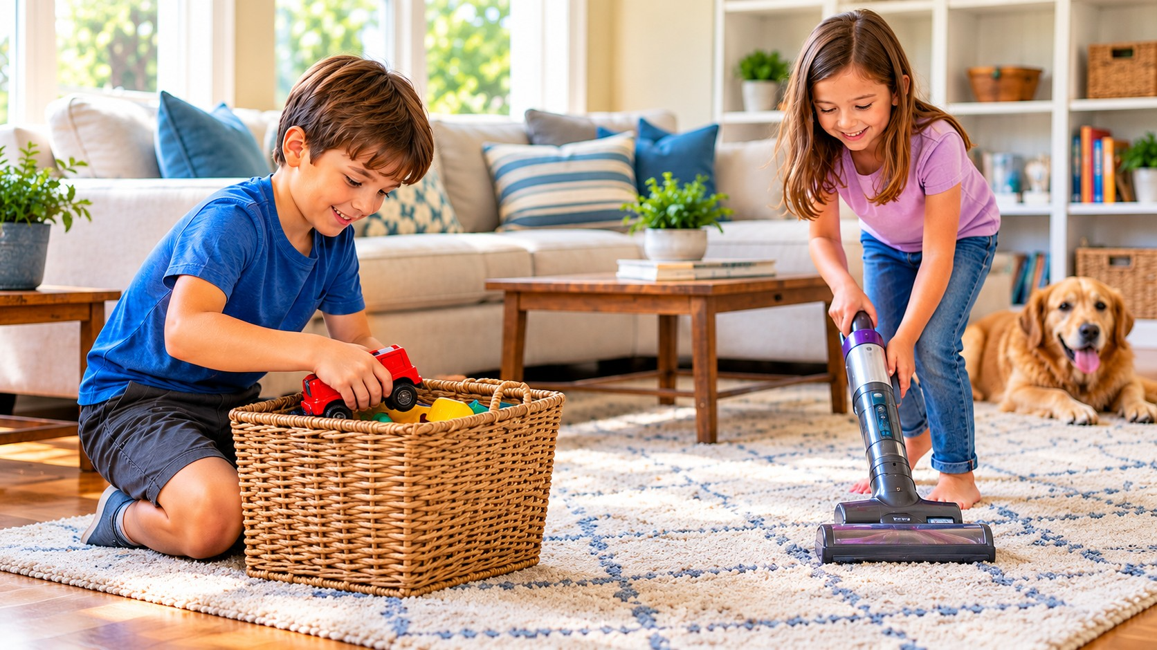 A young boy and girl cleaning a living room.