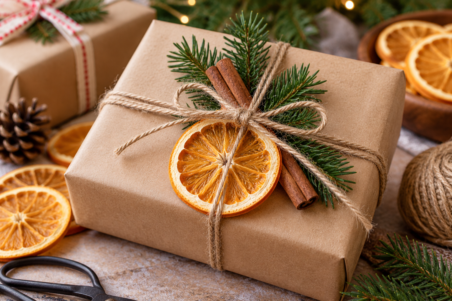 A brown paper wrapped gift topped with a dried orange slice.