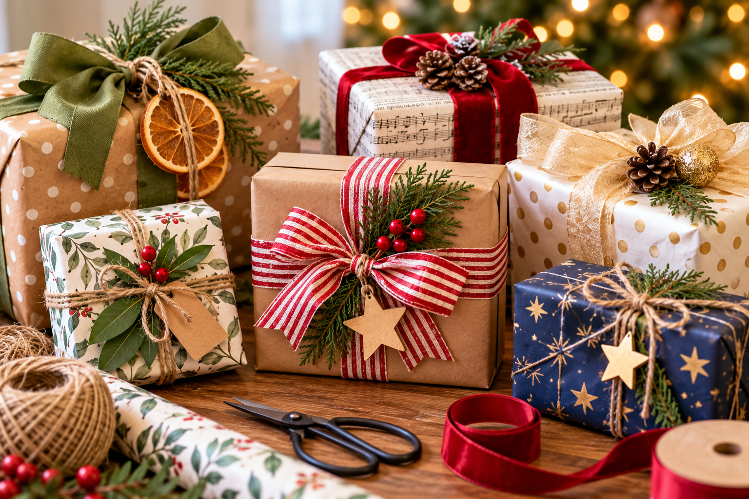 Creative gift-wrapping materials isolated.