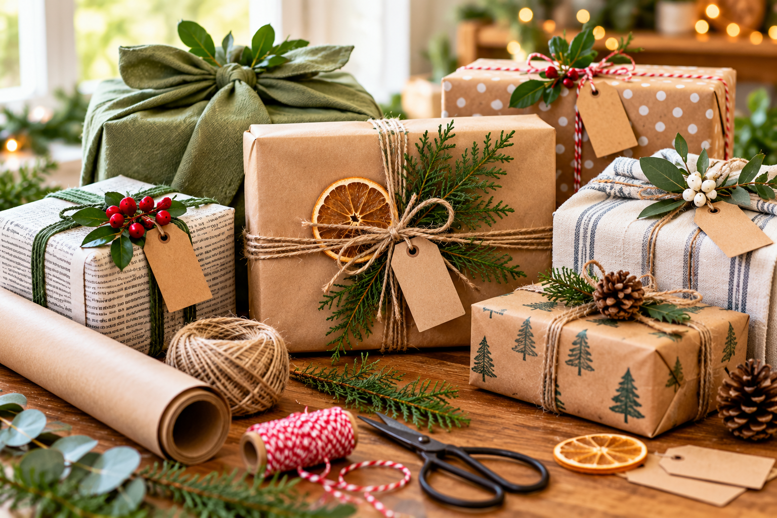 Eco-griendly gift wrapping supplies.