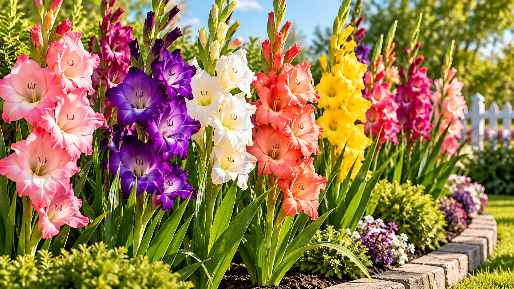 A garden of tall, colorful blooming gladiola flowers.